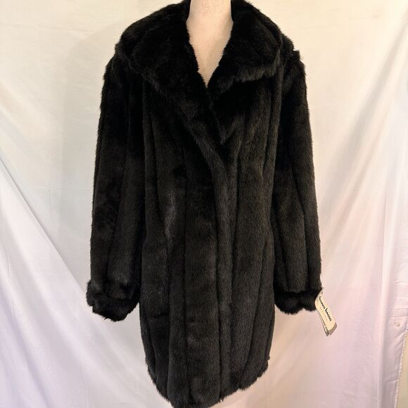 DENNIS BASSO Faux Fur Coat 1X Plus NWT Black Mid Length Jacket Winter Overcoat - Picture 1 of 13